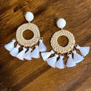 Rattan and white bead/tassel fringe earrings